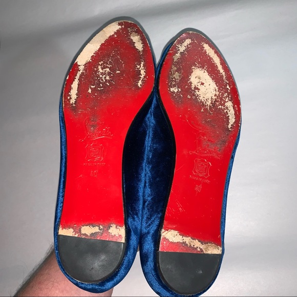 CHRISTIAN LOUBOUTIN size 40 dark blue SILK VELVET peep toe ballet flats - Picture 7 of 9